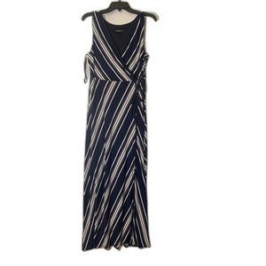Glamour. Maxi Dress. Dark Blue White strips. Sz 10. V neck. Sleeveless. Chic
